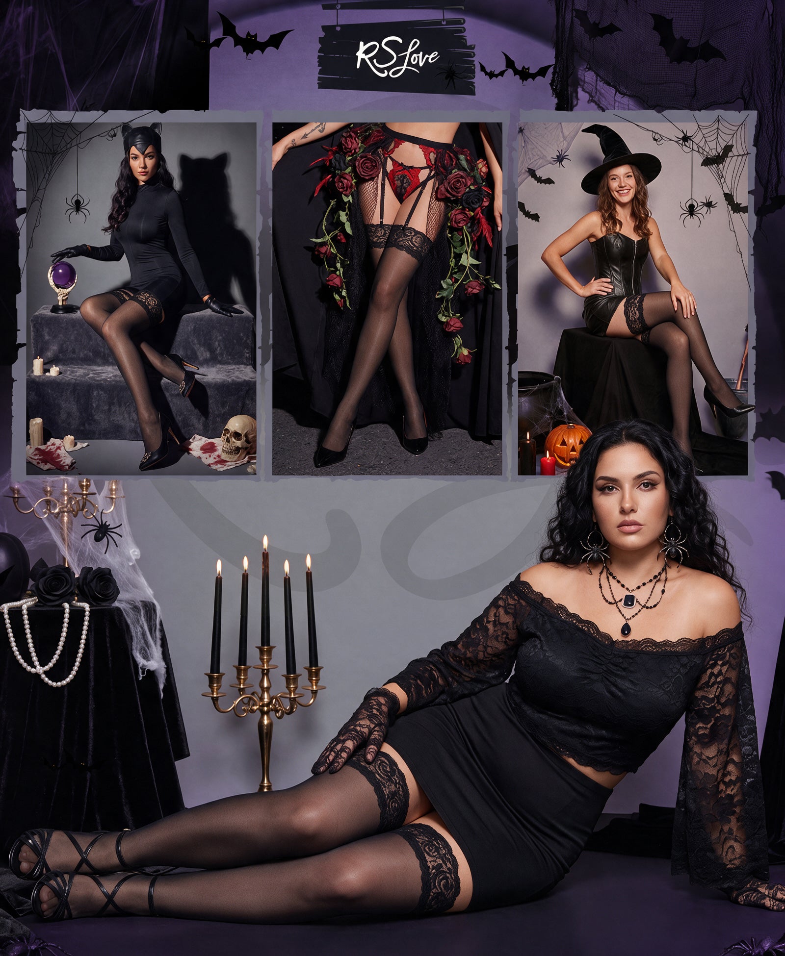 RSLOVE Thigh High Lace Top Antiskid Silicone calze autoreggenti nere
