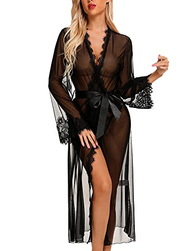 RSLOVE Robe Butterfly Sleeve Lace Trim Long Kimono vestaglia nera L