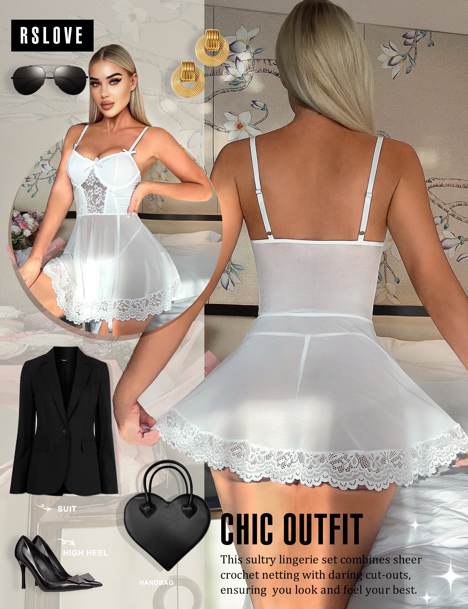 RSLOVE Babydoll babydoll ricamato con reggicalze nero