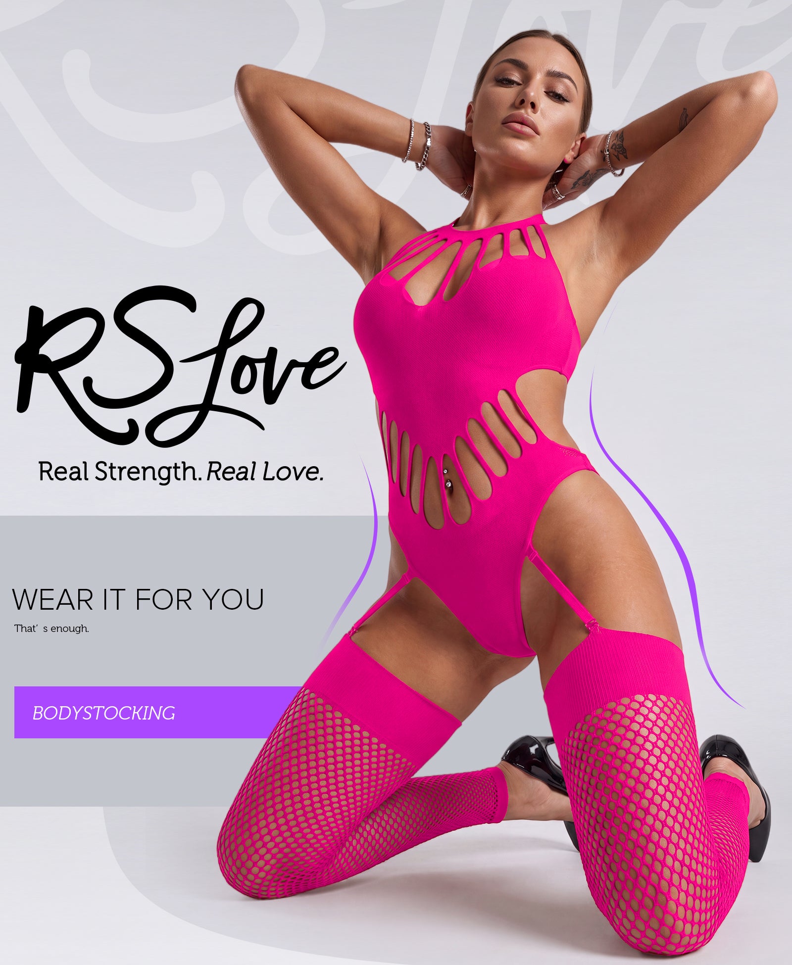 RSLOVE Bodystocking Halter Neck Hollow-Out Fishnet bodystocking nero taglia unica