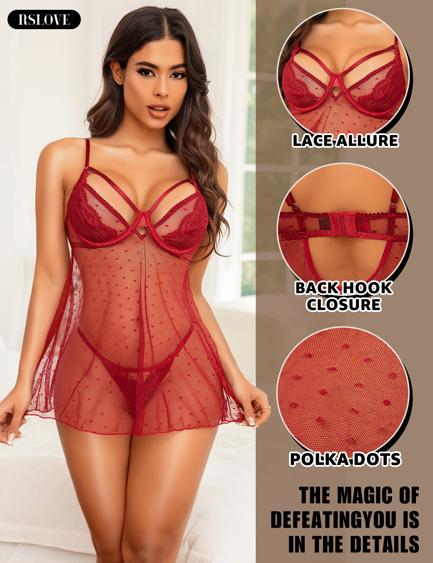 RSLOVE Babydoll Polka Dot Lace & Mesh Babydoll con perizoma