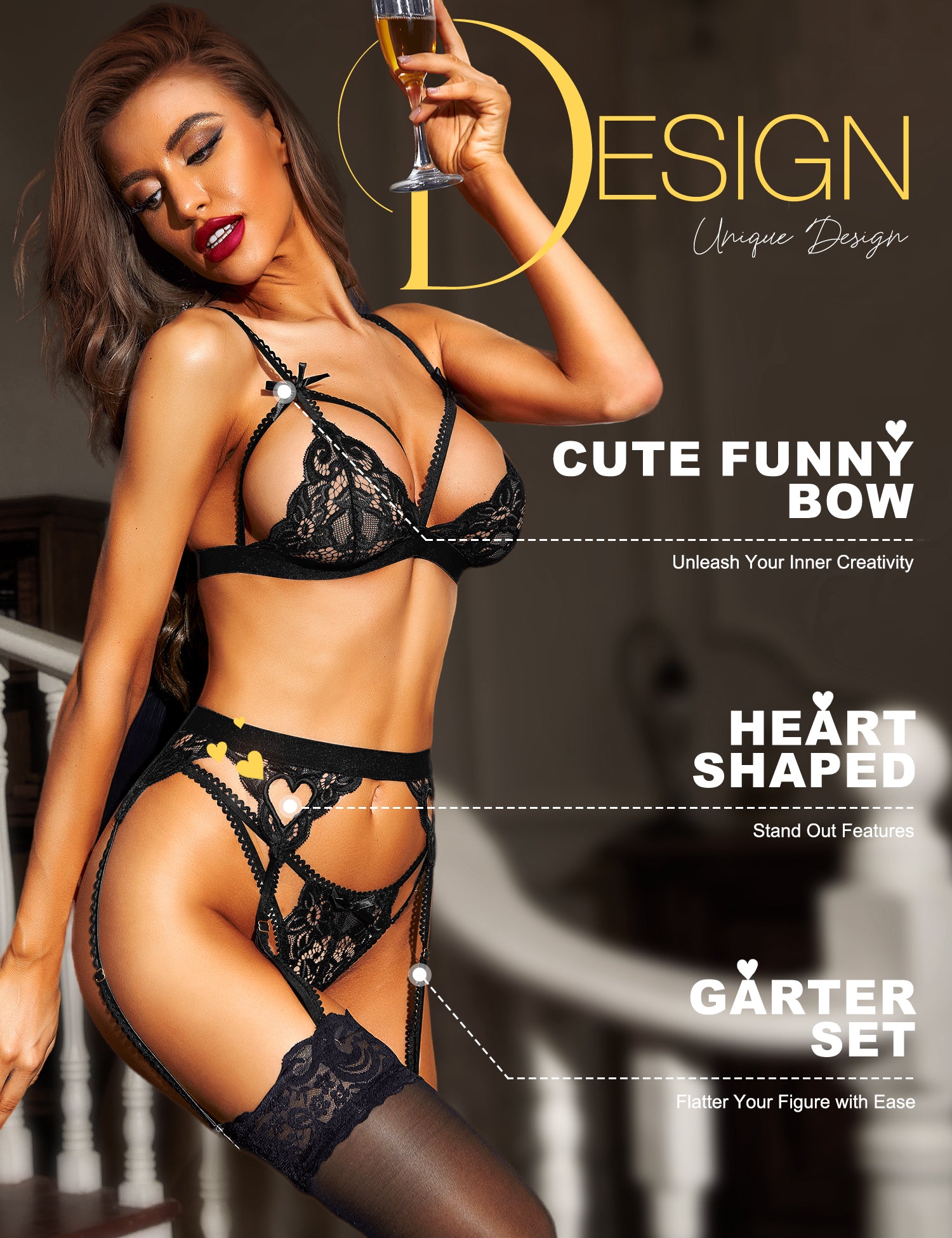 RSLOVE Garter Belt 3 Piece completo reggicalze nero in pizzo