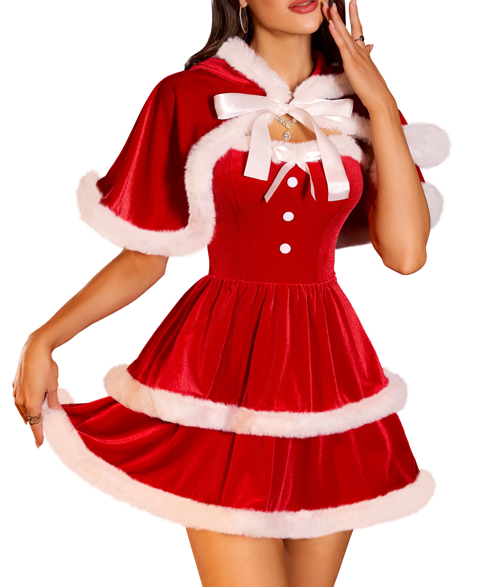 RSLOVE Costumes Velvet Christmas Santa Dress abito natalizio rosso con mantella