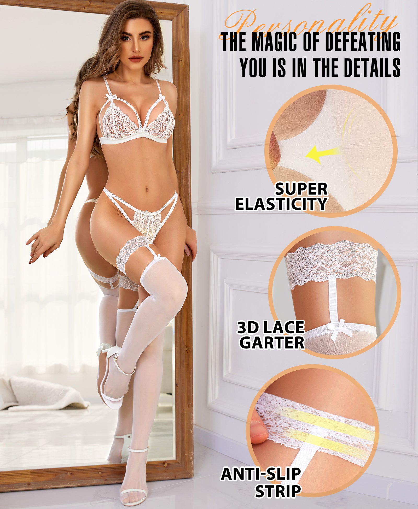 RSLOVE Thigh High Lace Top Silicone Bow autoreggenti bianche