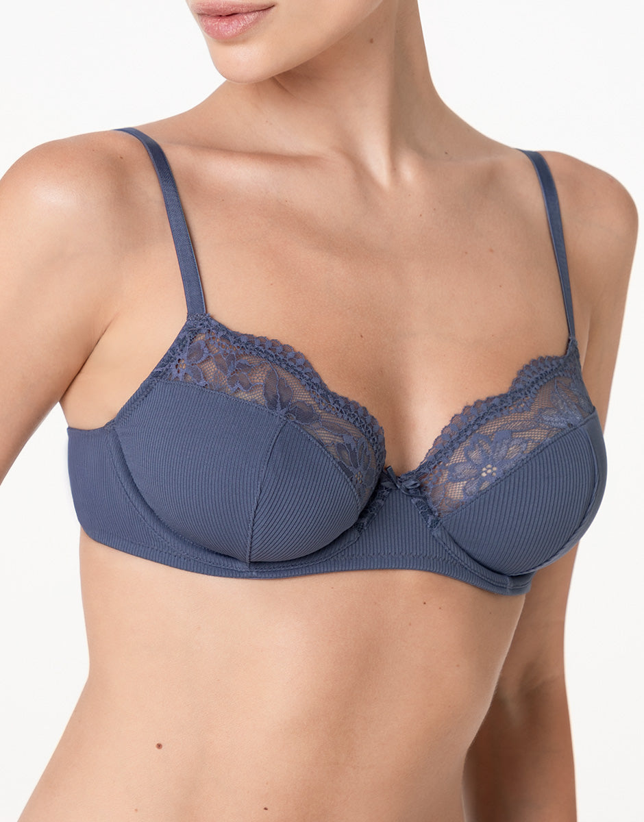 Lovable Garden Flowers Lace Casual Rib Lace reggiseno con ferretto blu polvere 3C