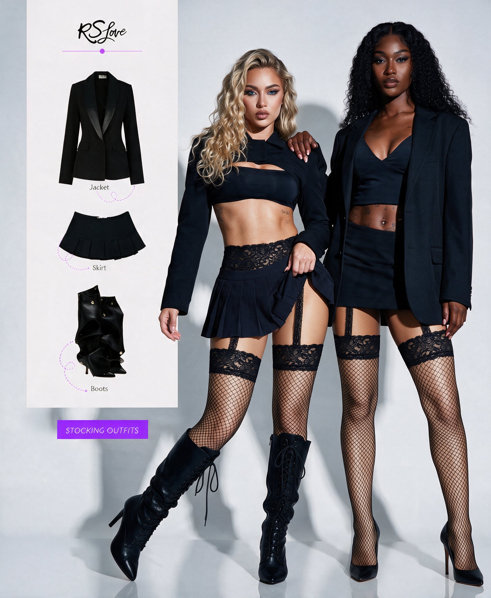 RSLOVE Stocking Fishnet Suspender Pantyhose with Garter Belt calze rete nere