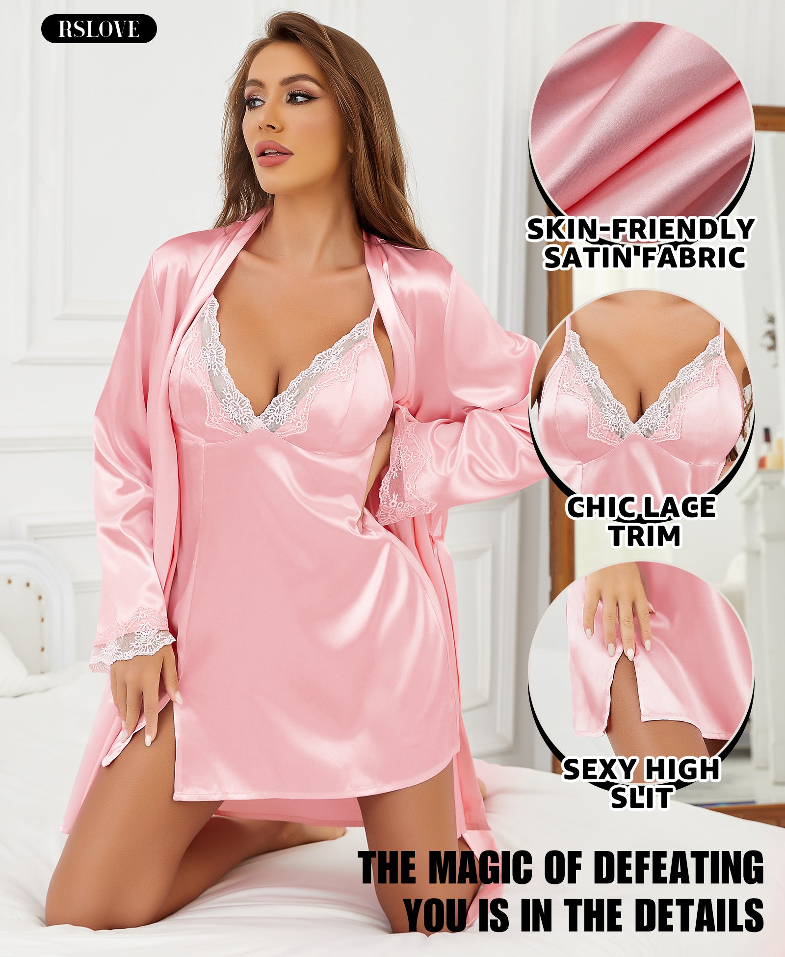 RSLOVE Robe Satin Camisole Nightdress set camicia e vestaglia nero