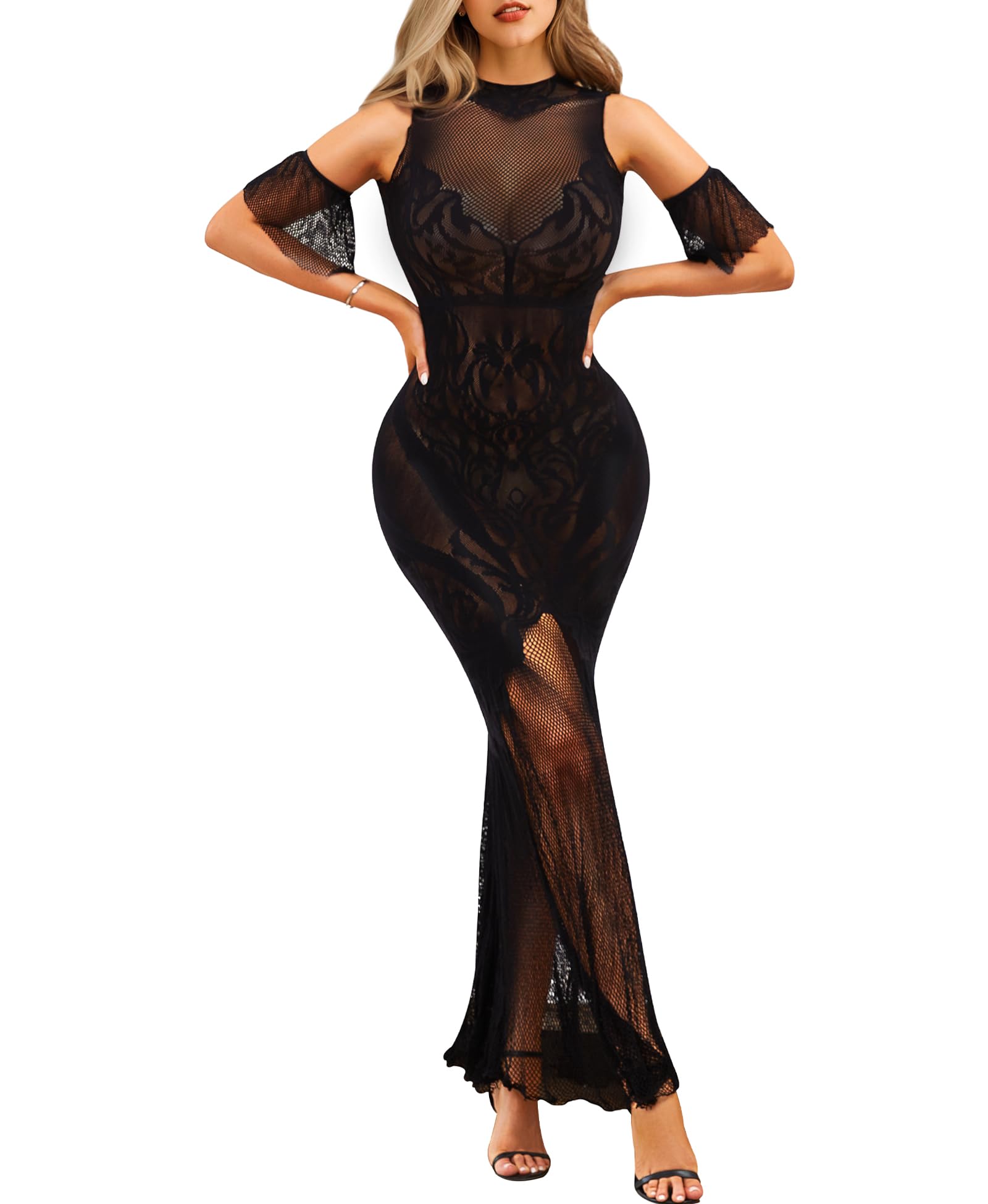 RSLOVE Babydoll abito lungo in pizzo con maniche staccabili