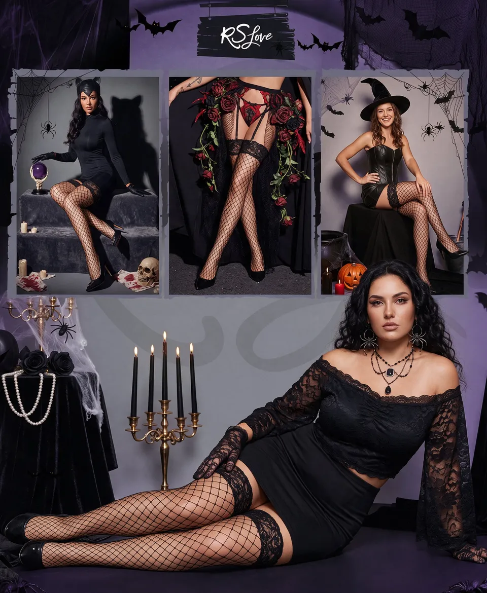 RSLOVE Thigh High Medium Fishnet Lace Top autoreggenti nere one size