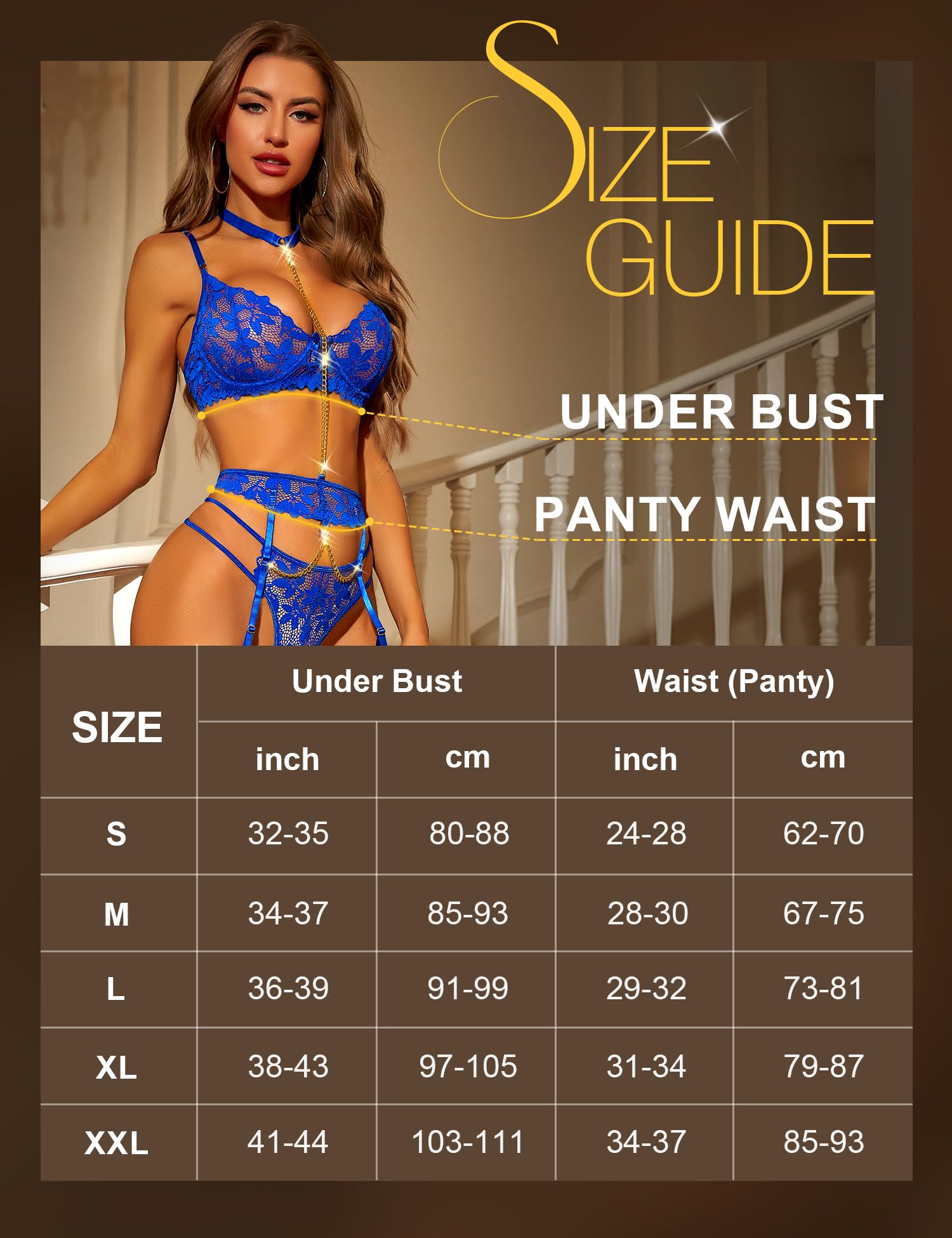 RSLOVE Garter Belt 3 Piece Lace Bra Thong & Choker Chain Garter lingerie blu