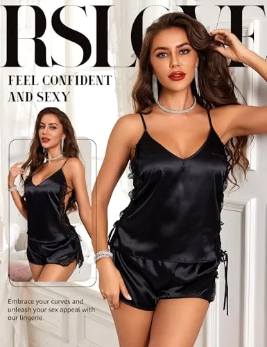 RSLOVE Pajama Set Satin Cami Shorts pigiama raso nero