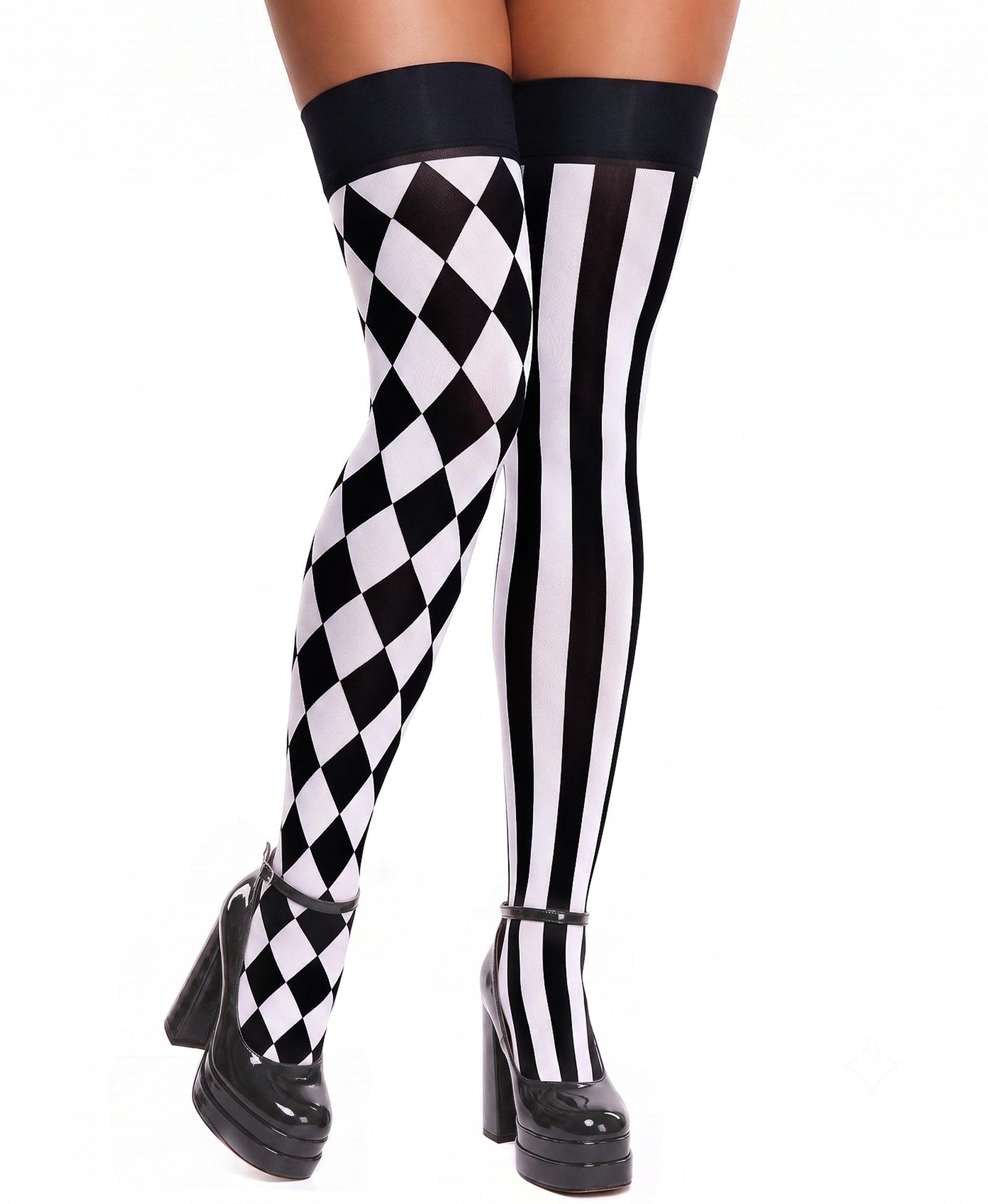 RSLOVE Thigh High Asymmetric Striped Harlequin calze bianche e nere