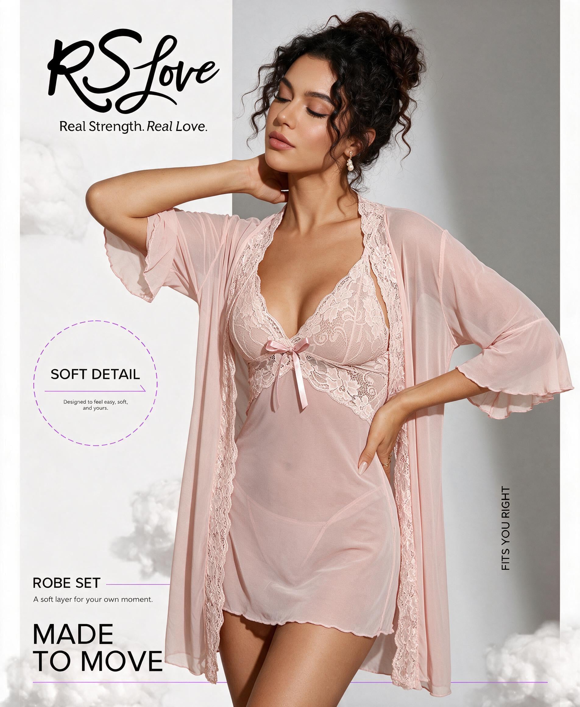 RSLOVE Robe 3 Piece Babydoll Lace Kimono set lingerie nero taglia S–XXL
