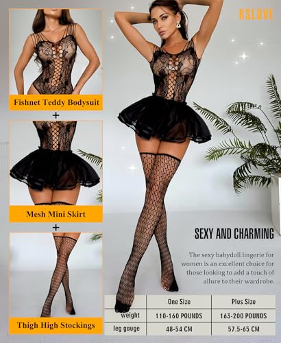 RSLOVE Lingerie Set completo 3 pezzi in rete nero taglia unica