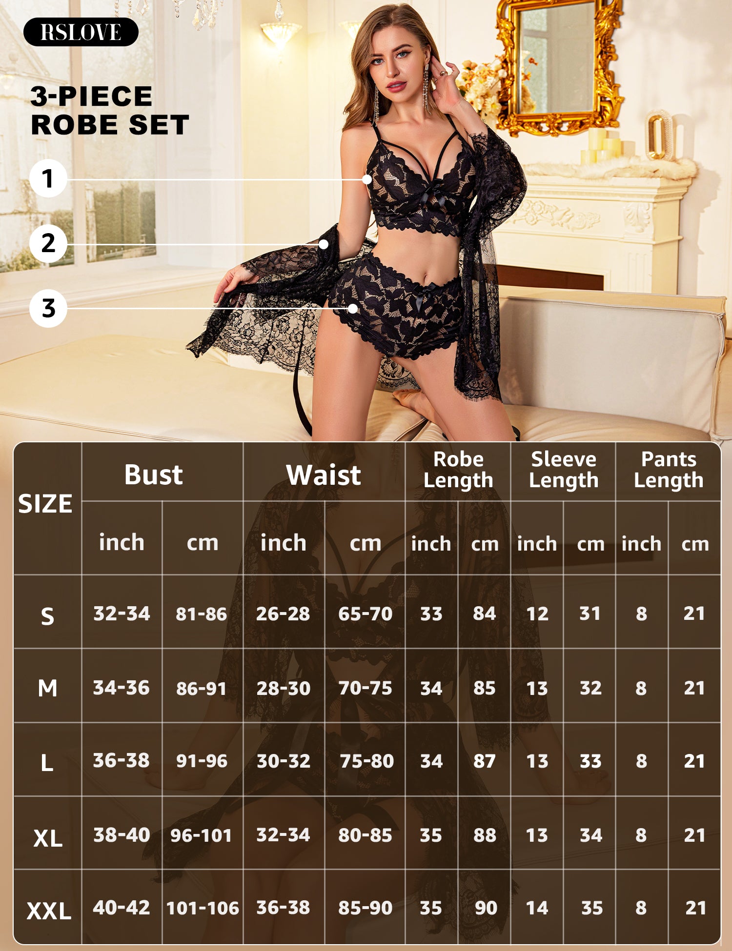 RSLOVE Robe 3 Piece Lace Bra Panty and Kimono completo lingerie nero