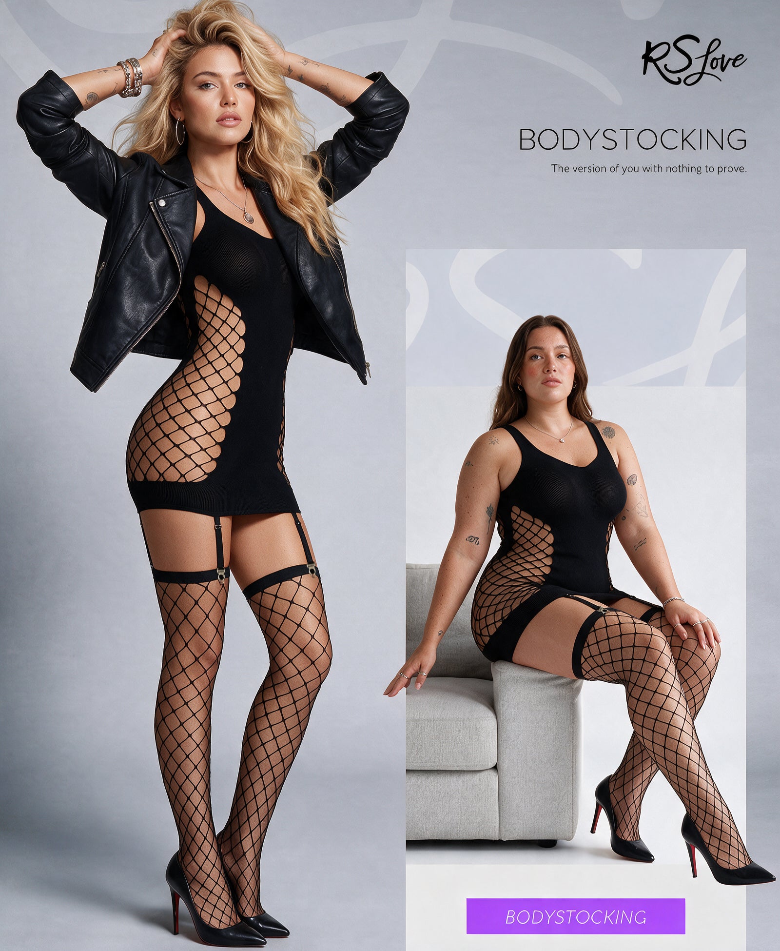 RSLOVE Bodystocking Fishnet Mini Dress vestito in rete nero taglia unica