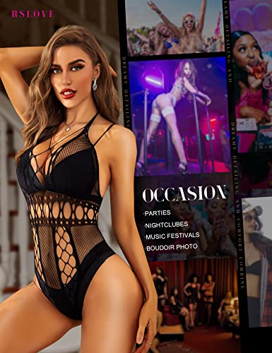 RSLOVE Teddy Backless Lace Mesh Cut-Out Halter Teddy nero 1 pezzo