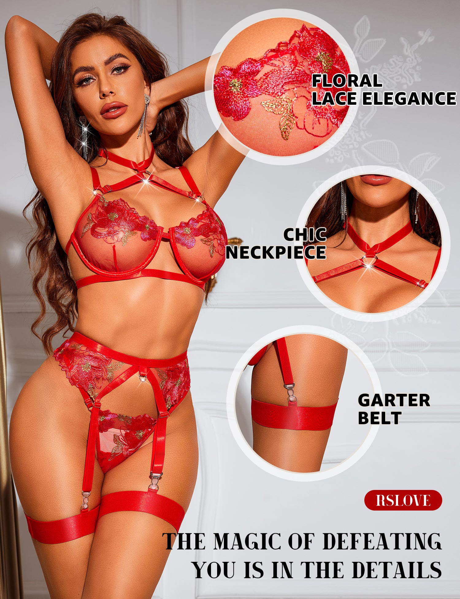 RSLOVE Garter Belt 3 Piece completo lingerie rosso in pizzo floreale