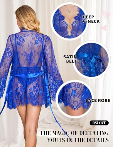 RSLOVE Robe Sheer Lace Robe & Teddy set lingerie blu, taglia M