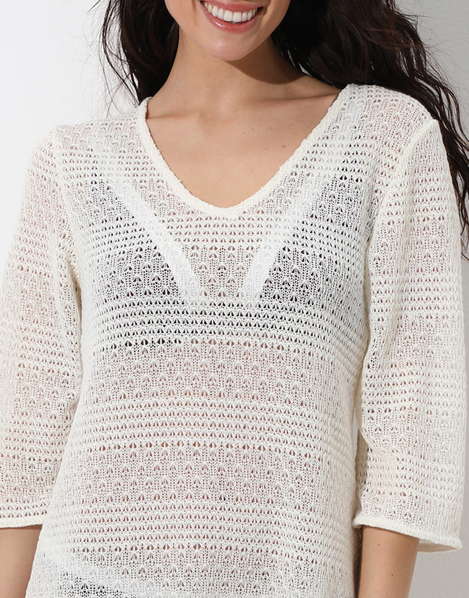 Lovable Basic Soul Vestito manica ¾ in crochet abito mare bianco seta