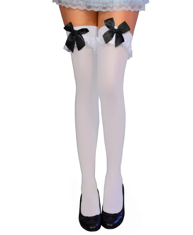 RSLOVE Thigh High Bow Ruffle Trim Opaque calze autoreggenti bianche e nere con fiocco
