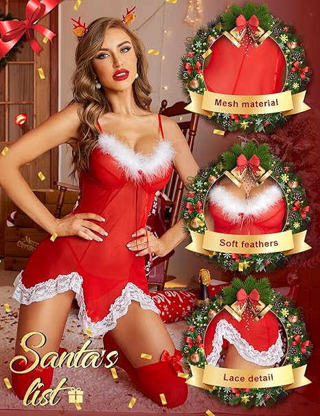 RSLOVE Costumes Mesh Christmas Babydoll babydoll natalizio rosso con piume