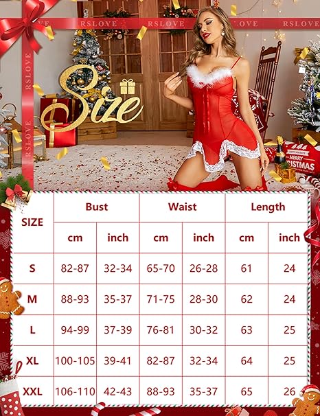 RSLOVE Costumes Mesh Christmas Babydoll babydoll natalizio rosso con piume