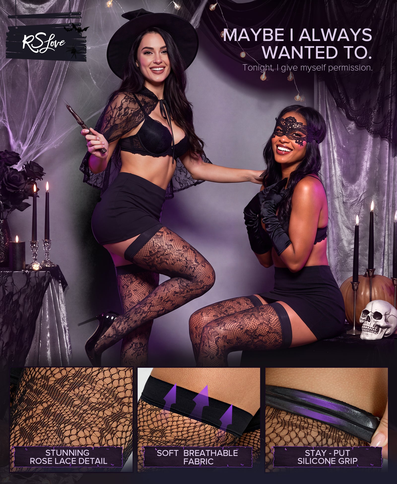 RSLOVE Thigh High Floral Lace Fishnet Antiskid calze autoreggenti nere