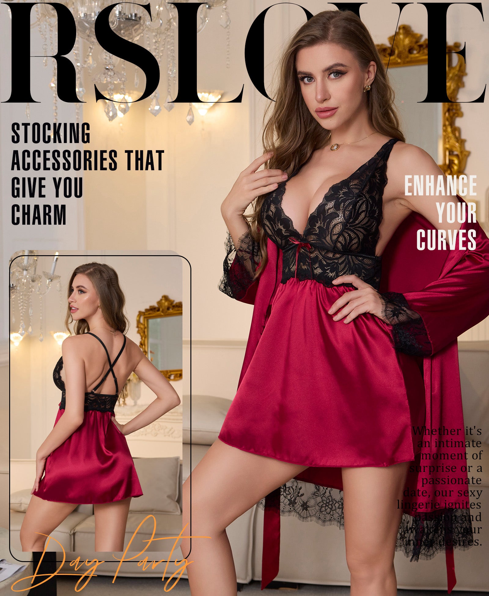 RSLOVE Robe 2 Piece Satin Lace Babydoll nero S-XXL