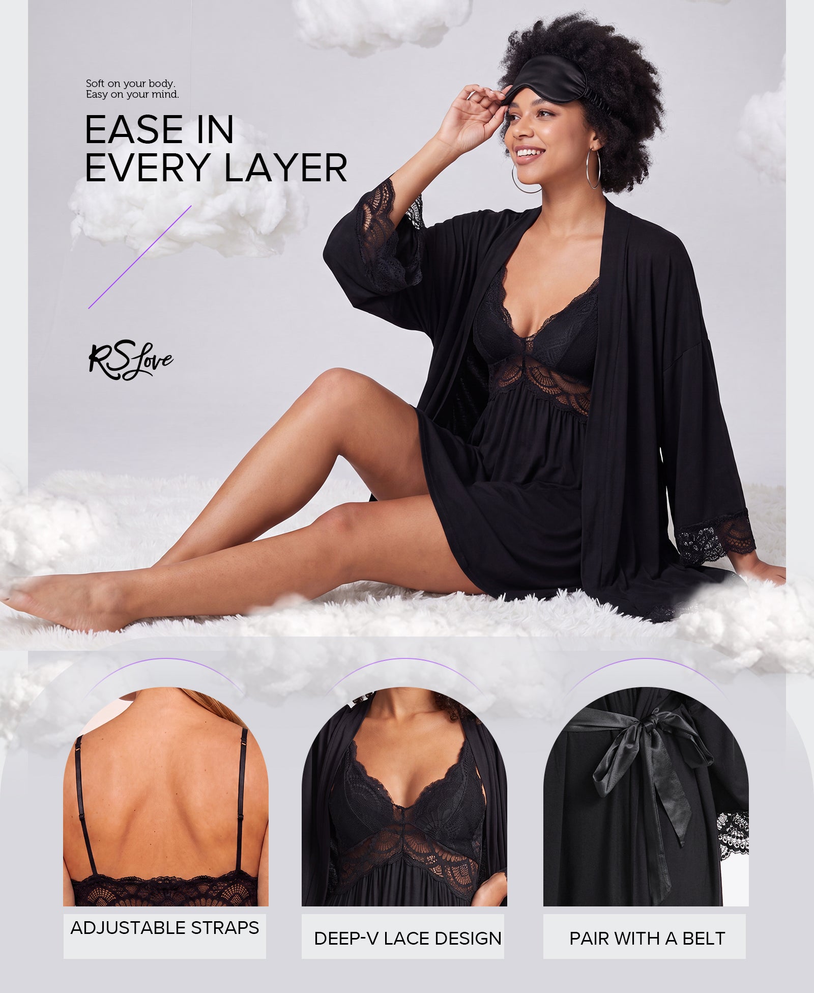RSLOVE Robe completo vestaglia e sottoveste in modal nero 2 pezzi