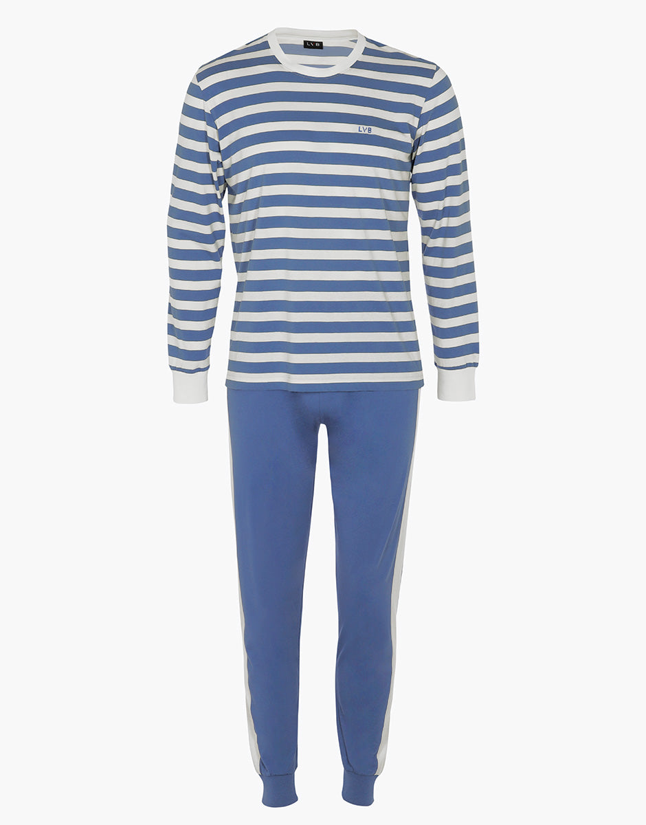 Lovable Basic Soul pigiama lungo uomo girocollo righe avorio e blu M in jersey di cotone
