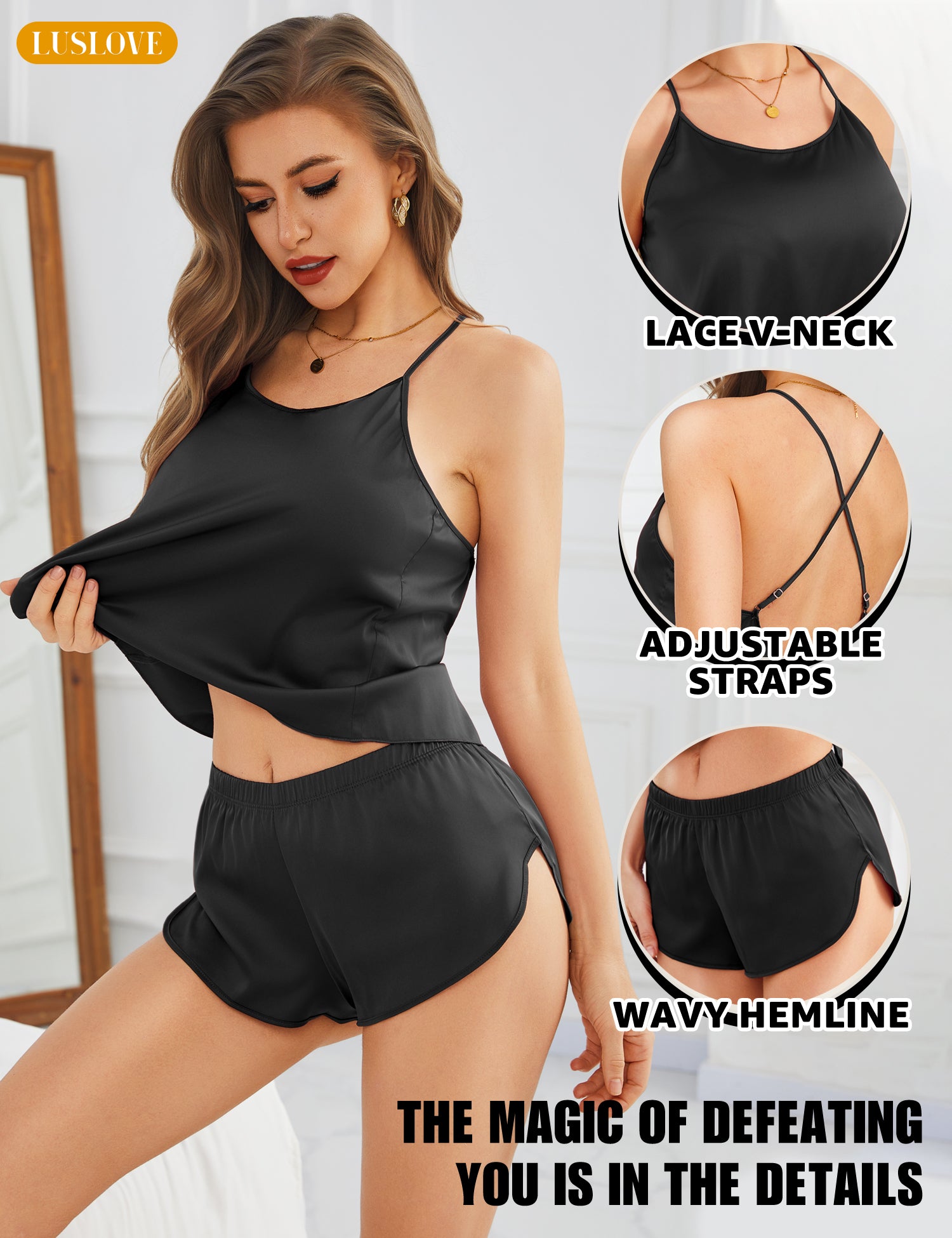 RSLOVE Pajama Set pigiama satin nero con canotta e shorts