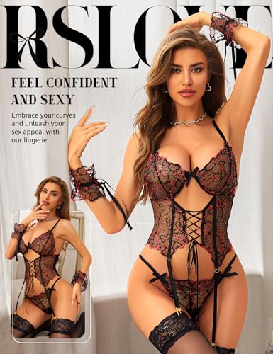 RSLOVE Garter Belt 3 Piece body in pizzo con reggicalze e polsini