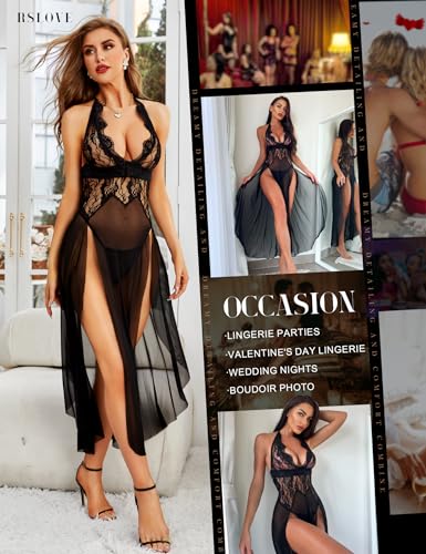 RSLOVE Babydoll abito da notte in pizzo con spacco e cintura, nero, taglia L