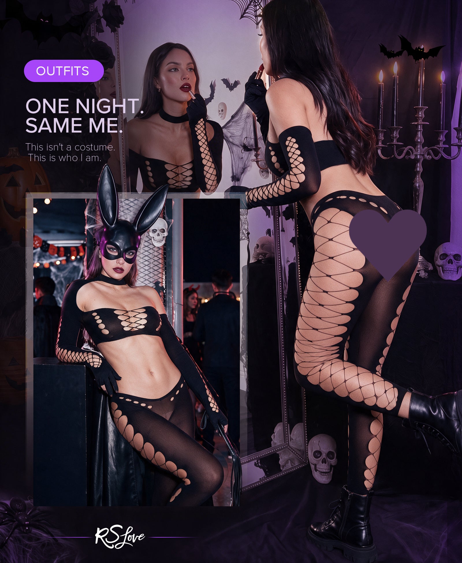 RSLOVE Bodystocking Cut Out Fishnet Two Piece set rete nero