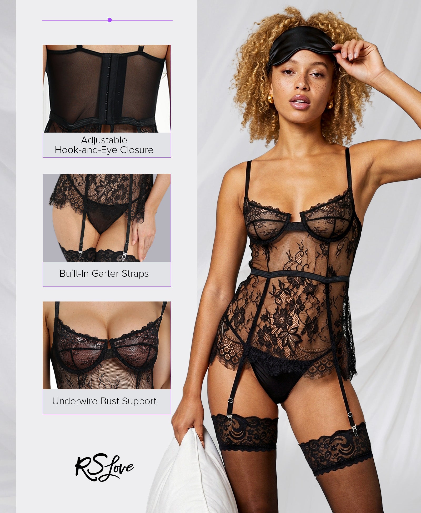 RSLOVE Lingerie Set babydoll in pizzo e mesh con ferretto