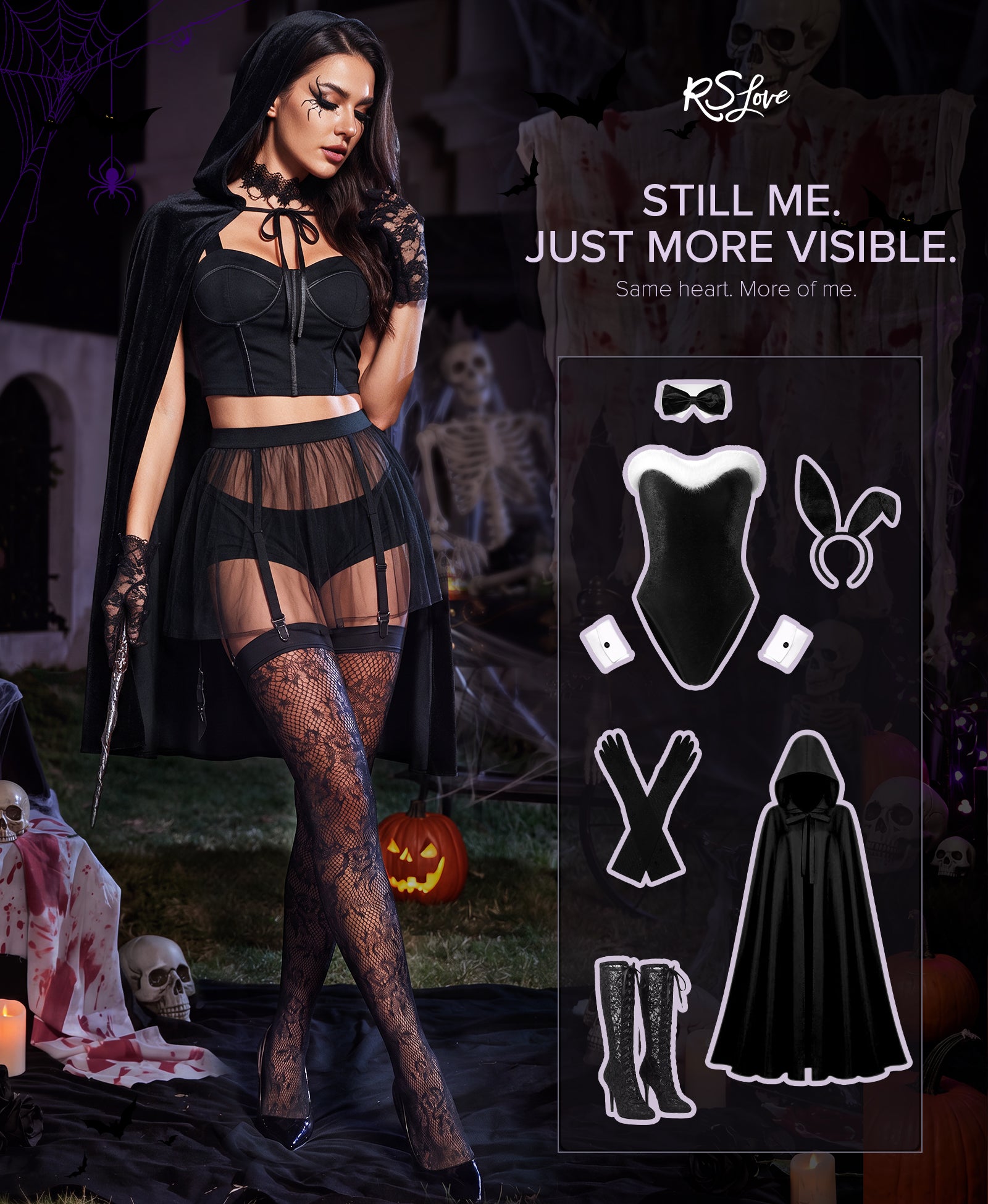 RSLOVE Thigh High Floral Lace Fishnet Antiskid calze autoreggenti nere