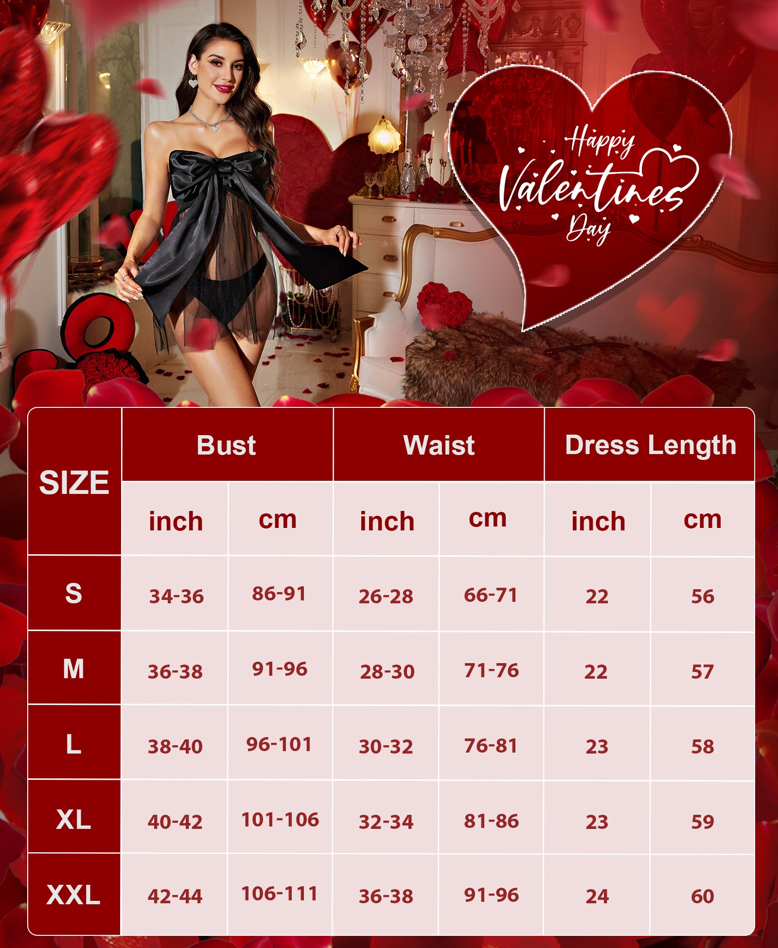 RSLOVE Lingerie Set Bow Satin Babydoll 2 Piece Lingerie Set babydoll rosso S in raso