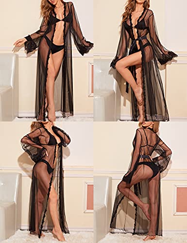 RSLOVE Robe Butterfly Sleeve Lace Trim Long Kimono vestaglia nera L