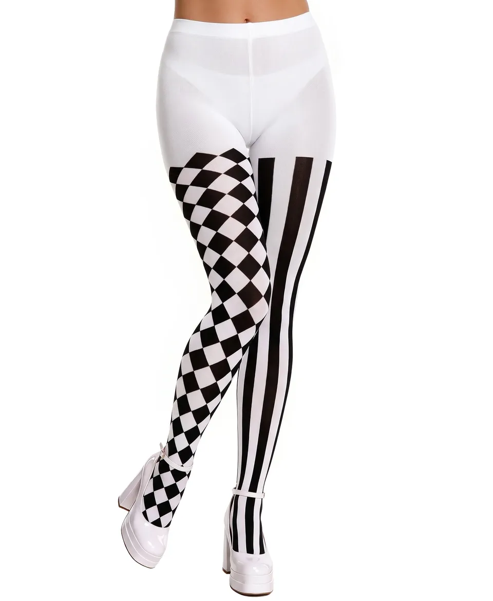 RSLOVE Patterned tights Harlequin Black and White Striped Clown Tights collant nero taglia unica