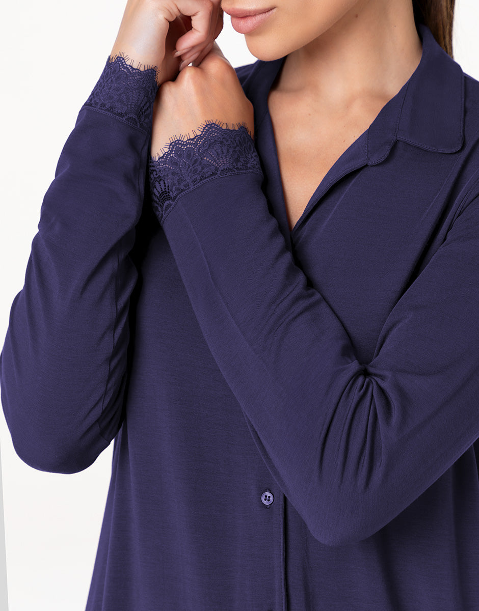 Lovable Basic Soul Elegant Modal pigiama lungo aperto blu notte in modal