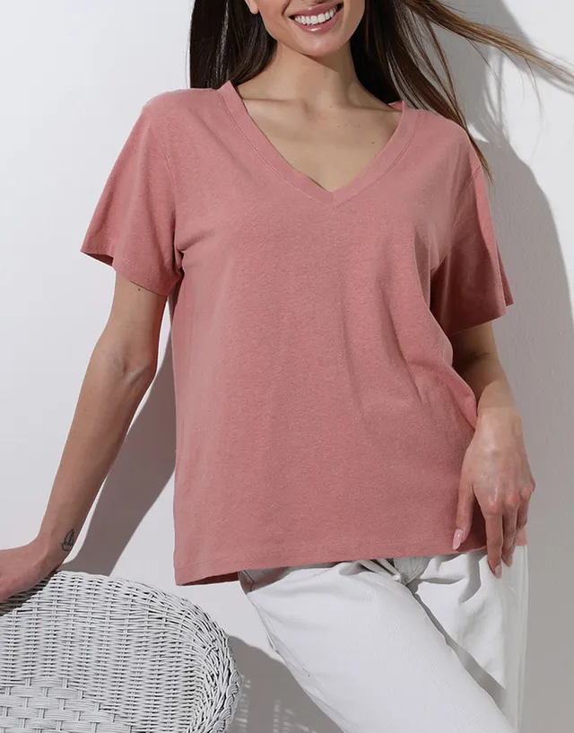 Lovable Basic Soul Maglia manica corta scollo a V rosa polvere 2/S cotone e lino