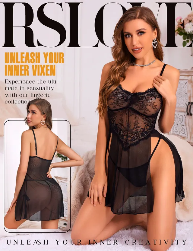 RSLOVE Babydoll Floral Lace nero S-XXL con perizoma