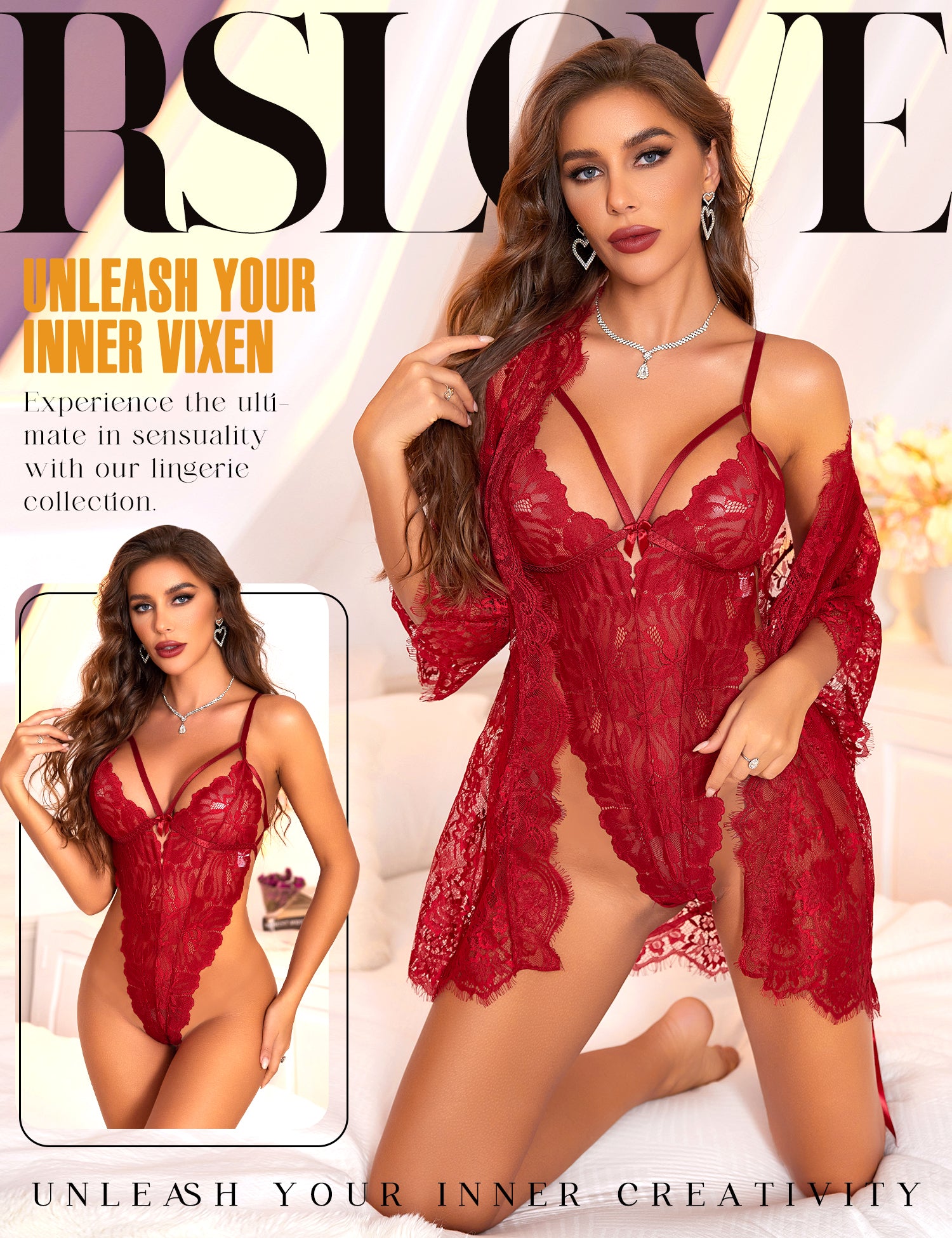 RSLOVE Robe Lace Teddy completo teddy e vestaglia in pizzo nero S-XXL