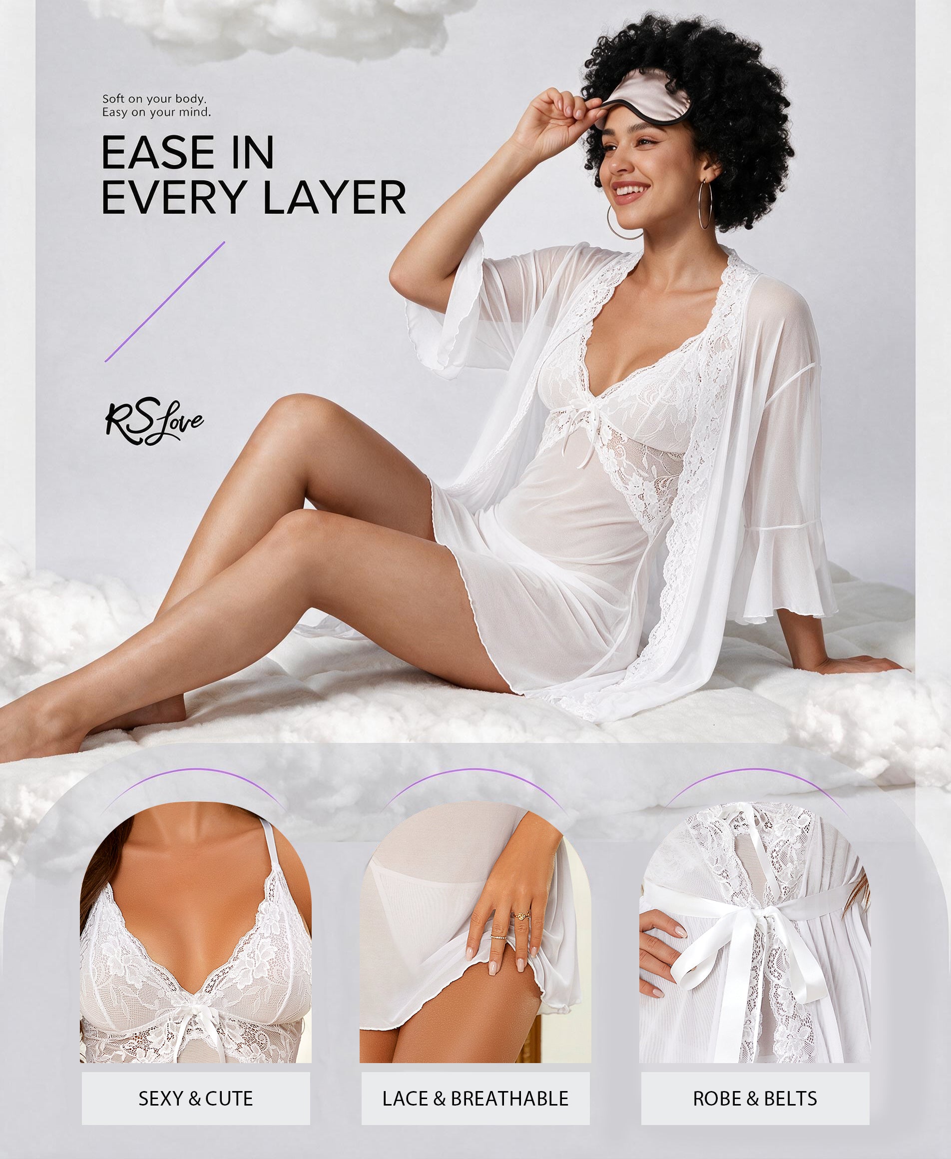 RSLOVE Robe 3 Piece Babydoll Lace Kimono set lingerie nero taglia S–XXL