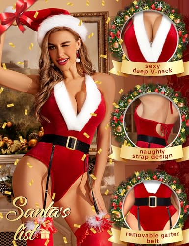 RSLOVE Costumes Red Marabou Trim Deep V Christmas Teddy rosso taglia XL