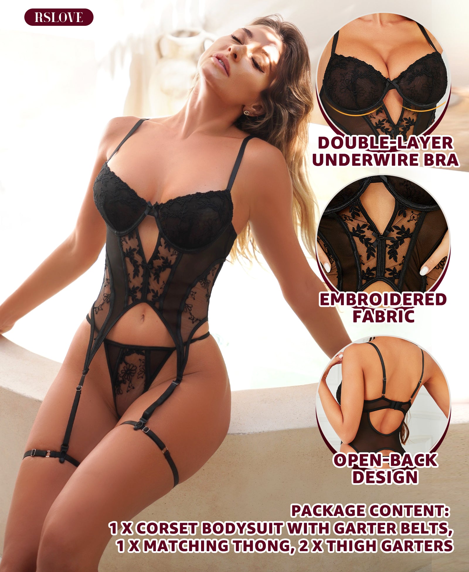 RSLOVE Lingerie Set 4 Piece Underwire Lace Corset Teddy body corsetto nero