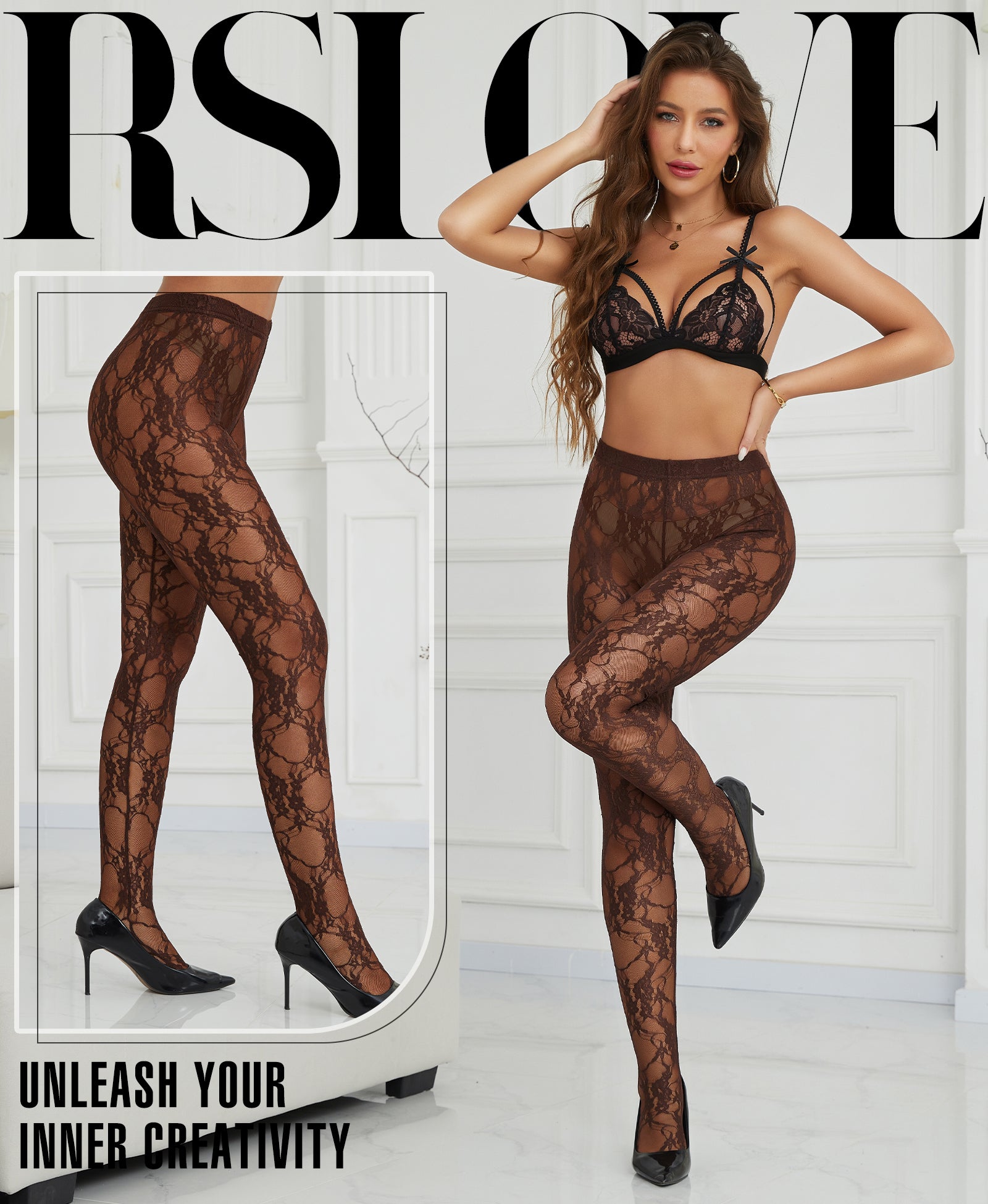 RSLOVE Patterned tights Floral Lace collant neri a vita alta
