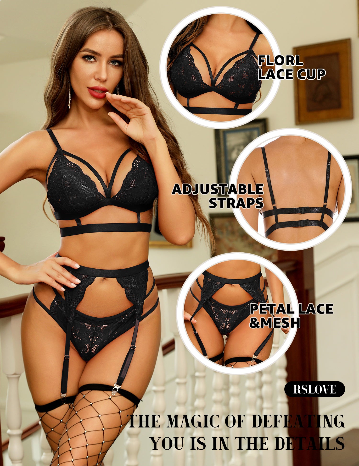 RSLOVE Garter Belt 3 Piece Babydoll pizzo con reggicalze nero
