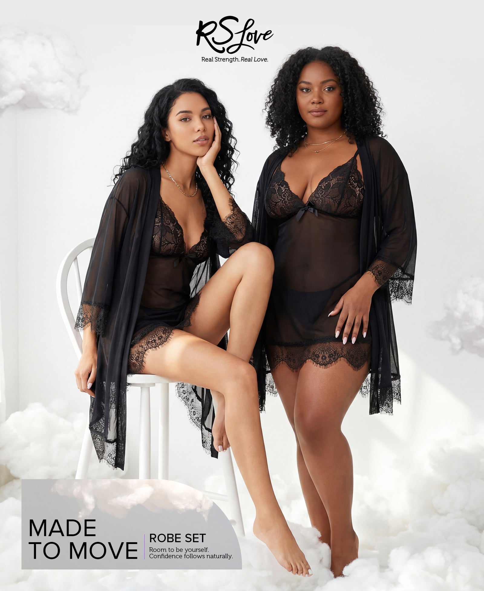 RSLOVE Robe 3 Piece Babydoll Lace Kimono Robe Set completo lingerie Nero taglie S-XXL in pizzo